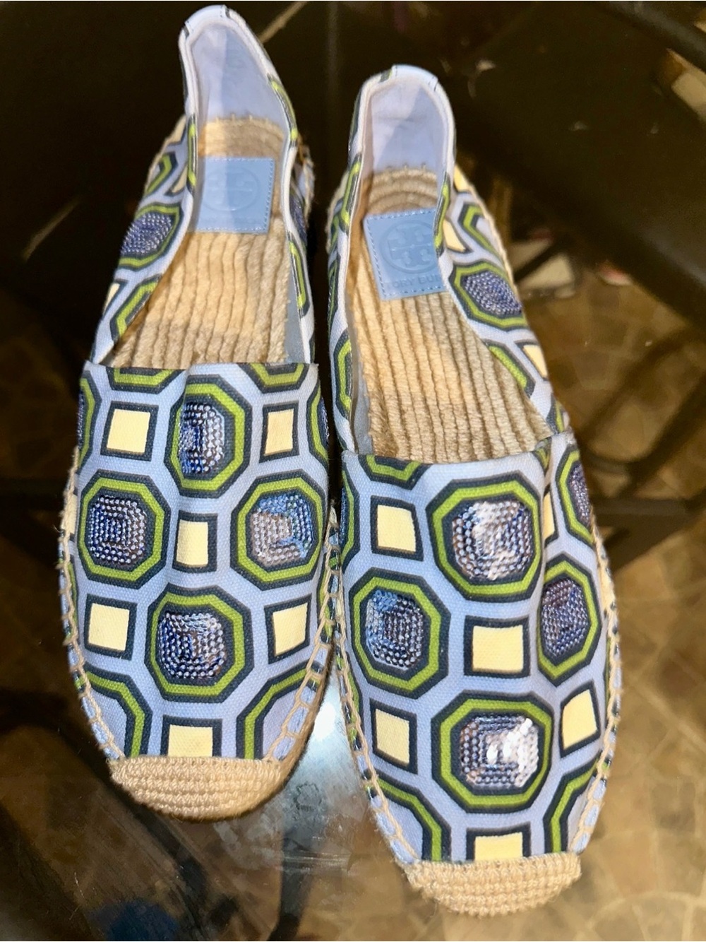 Tory Burch Blue, Green & Cream Geometric Espadrilles